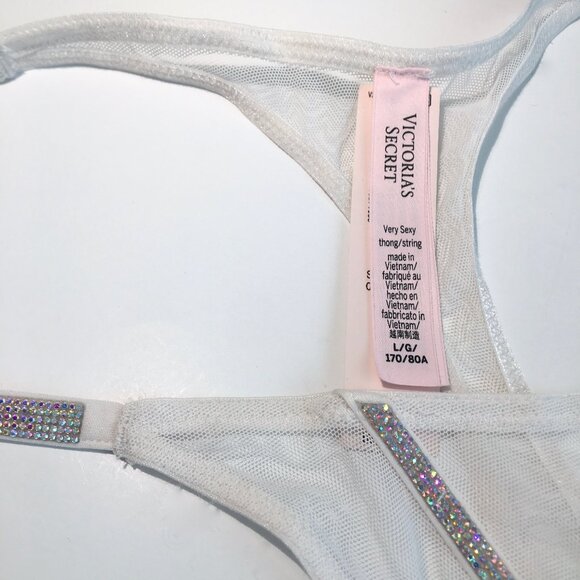 VS Shine Strap Triple Stripe White Mesh Rhinestone Bling Thong L NWT - Picture 7 of 8